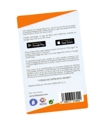 Recarga de tarjeta Visa BITSA física o virtual - Código para añadir saldo - 20, 50 o 100 euros